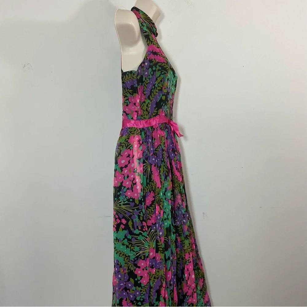 Vintage 60s Jumpsuit Dark Floral Wide Leg Cocktail Evening Size S/XS Sleeveless - Picture 7 of 10